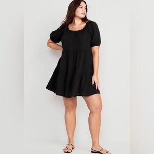 Old Navy Black Puff-Sleeve 100% Cotton Tiered Mini Swing Dress XL